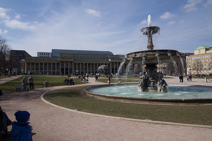 Stuttgart, jardín del castillo, fuente, agua, Parque, azul