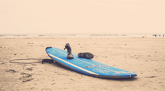 bleu, blanc, planche de surf, plage, sables, sable, océan