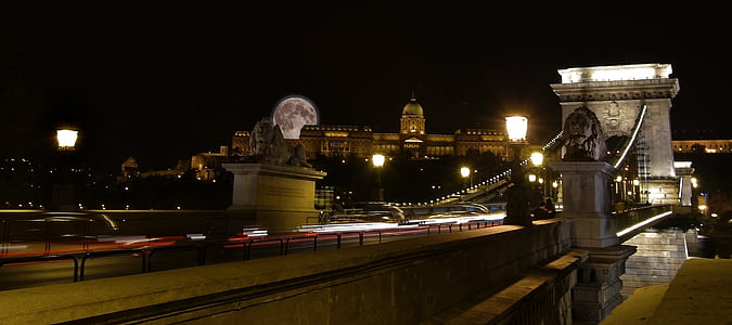 Vengrija, Budapeštas, Grandininio tilto, žibintai, tiltas, pilis, tiltai