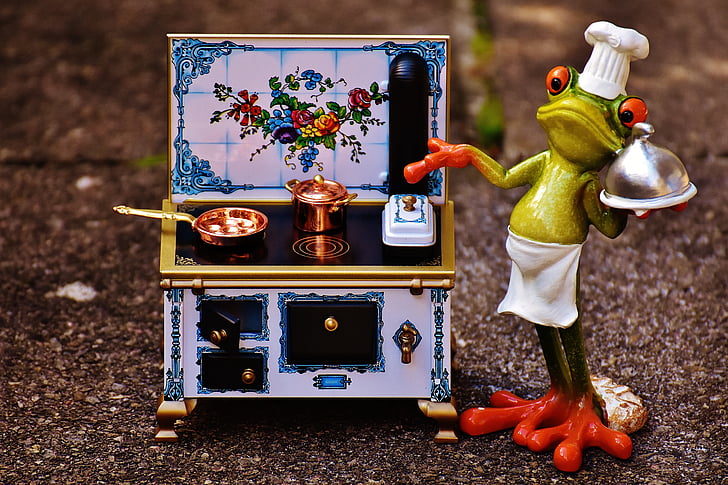 Kurbağa, pişirme, soba, Pan, Pot, yemek, mutfak
