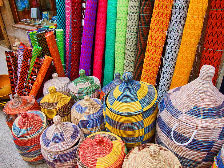 market, baskets, matting, colorful, color, spain, weave