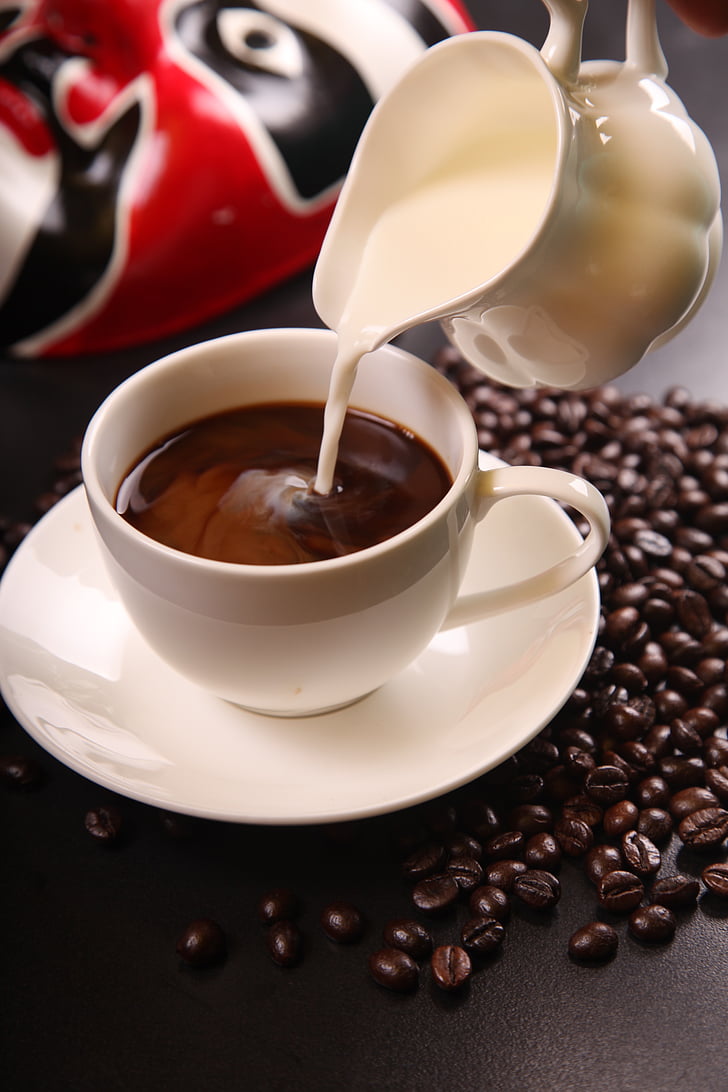 coffee, coffee with milk, coffee beans, cup, drink, espresso, caffeine