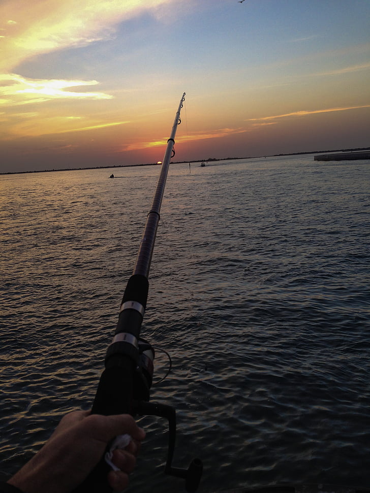 beach, clouds, dawn, dusk, fisherman, fishing, fishing rod