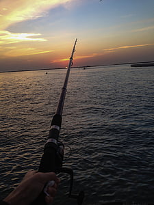 praia, nuvens, amanhecer, Crepúsculo, pescador, pesca, vara de pesca
