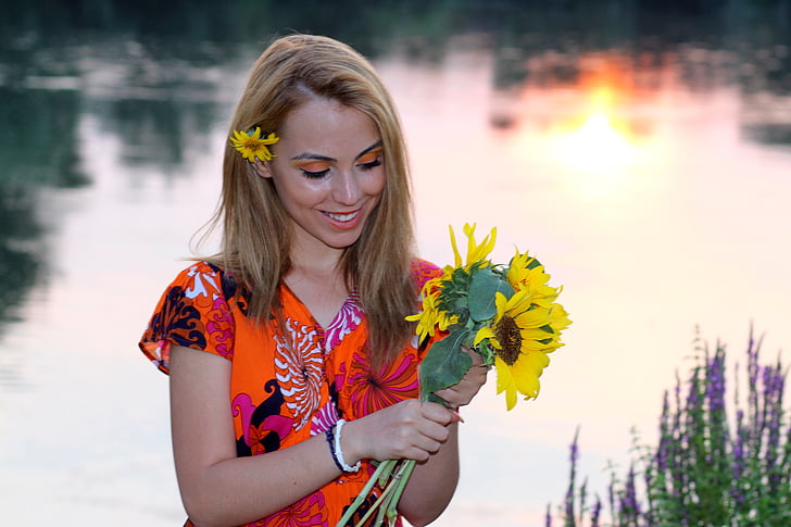 girl, sunset, sunflower, lake, water, reflection, blonde