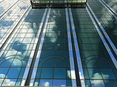 architecture, building, glass, high-rise, low angle shot, perspective, reflection