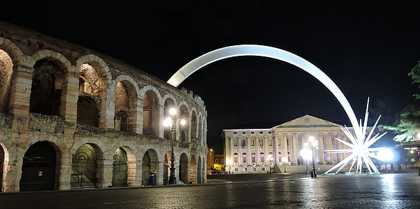Arena, Verona, kuyruklu yıldız, Noel, gece, aydınlatma, İtalya