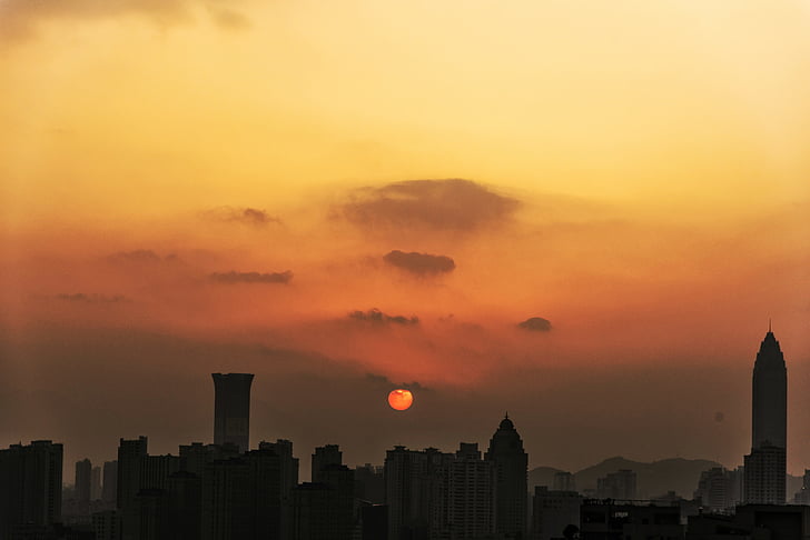 salida del sol, Wenzhou, puesta de sol, arquitectura, ciudad, exterior del edificio, paisaje urbano
