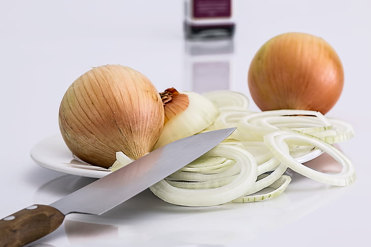 onion, slice, knife, food, ingredient, raw, vegetarian