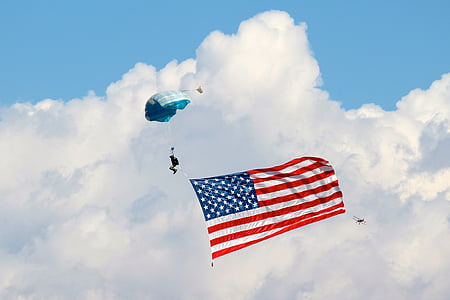 fallskjerm, paraseile, skyer, himmelen, amerikansk flagg, stjerner og striper, USA
