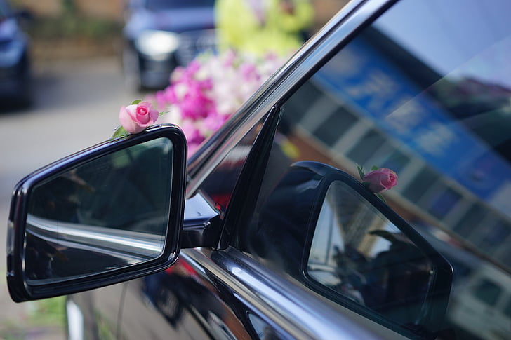 oženiti, automobili, vjenčanje, dekoracija, cvijet, ogledalo, auto