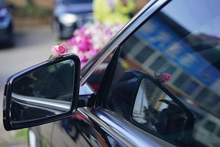 gifta sig, Automotive, bröllop, dekoration, blomma, spegel, bil