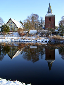 žiemą, berkenthin, bažnyčia, pastorat, atvaizdavimas, Atspindžiai, Elbės Liubeko kanalo