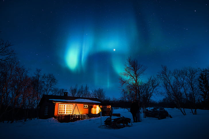 Aurora borealis, blå, Stuga, kalla, lampor, natt, norrsken