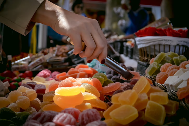 tržiště, jídlo, sladký, ovocný, konfekce, kleště, trh