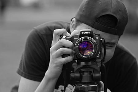 adult, aperture, black-and-white, blur, camera, camera lens, close-up