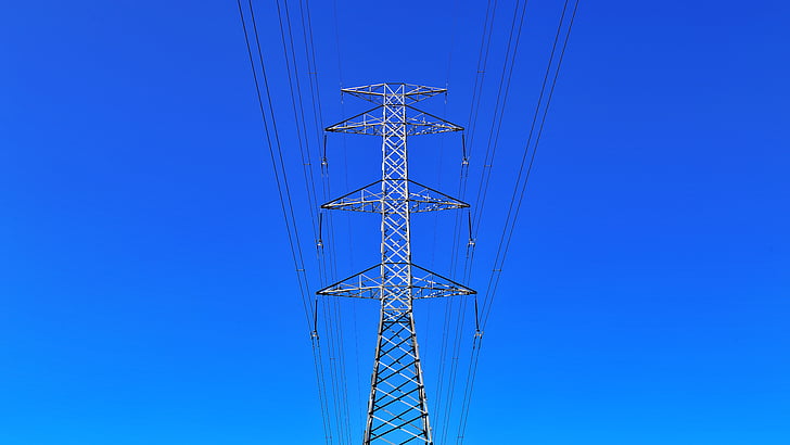 gray, metal, electric, tower, sky, electric cable, blues