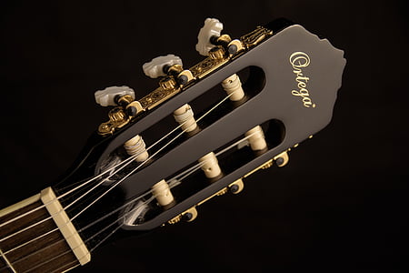 класически, Класическа китара, едър план, гриза, злато, китара, headstock