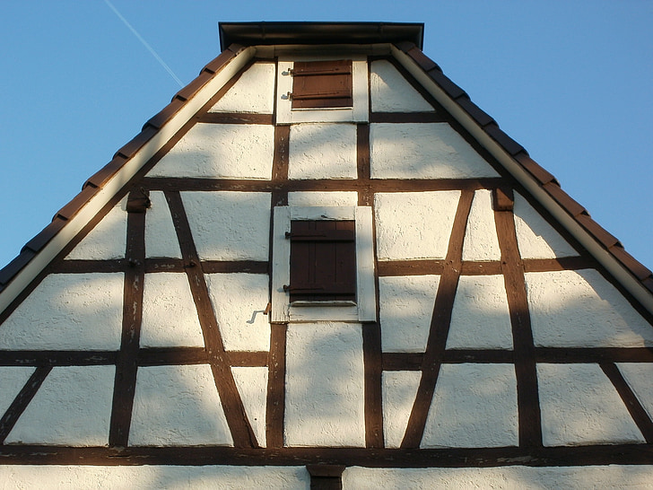 casa, Gable, frontó, entramat de fusta, Schwetzingen, edifici, sostre