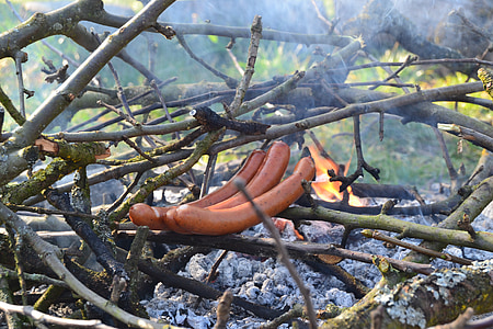 grillezési lehetőség, kolbász, fa, tűz