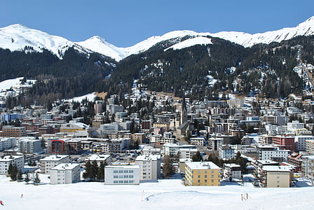 Davos, Švýcarsko, alpské, město, Zimní, sníh, Hora