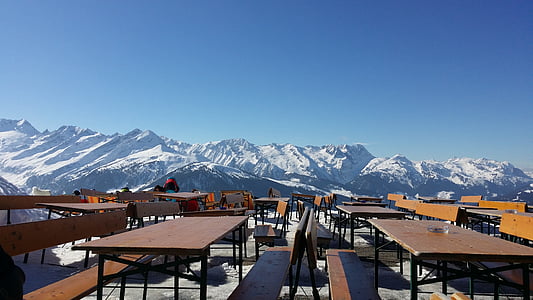 winter, mountains, ski lodge, terrace
