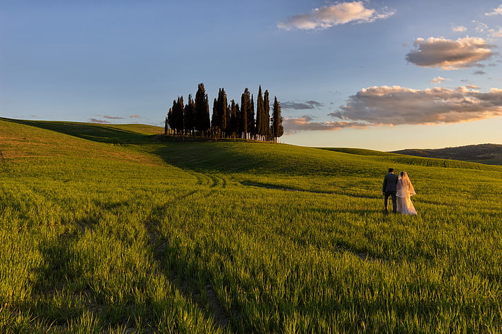 colline, Toscana, Siena, Valdorcia, Italia, tramonto, cielo
