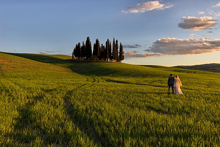 heuvels, Toscane, Siena, Valdorcia, Italië, zonsondergang, hemel