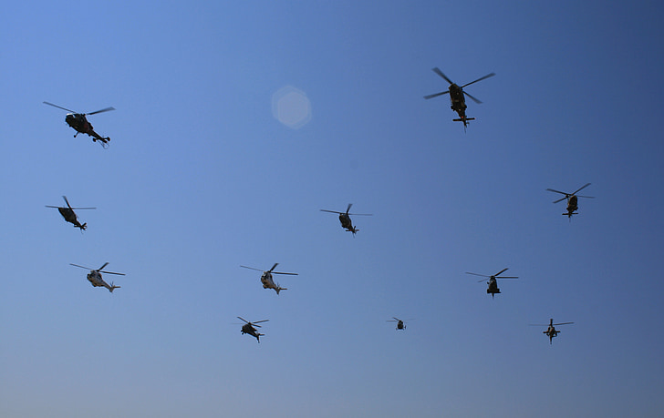 helicopters, helicopter competition, aviation, flying, rotors, air force museum, clear blue sky