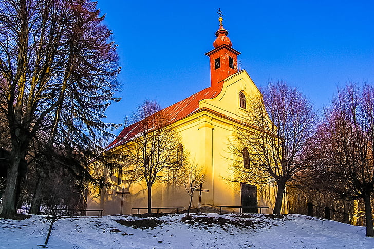 church, winter, snow