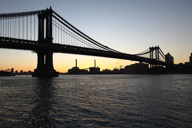Manhattan, Brücke, Osten, Fluss, Brooklyn, Sonnenaufgang, Tagesanbruch