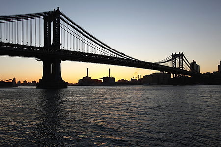 Manhattan, Bridge, Øst, elven, Brooklyn, soloppgang, daggry