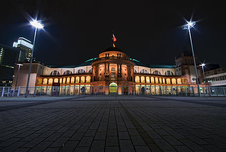 Frankfurt, Hesse, Tyskland, Festival hall, verkligt, natt, natt fotografi