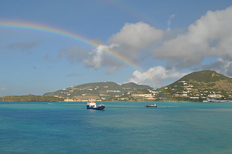 rainbow, scenery, landscape, clouds, islands, sky, blue