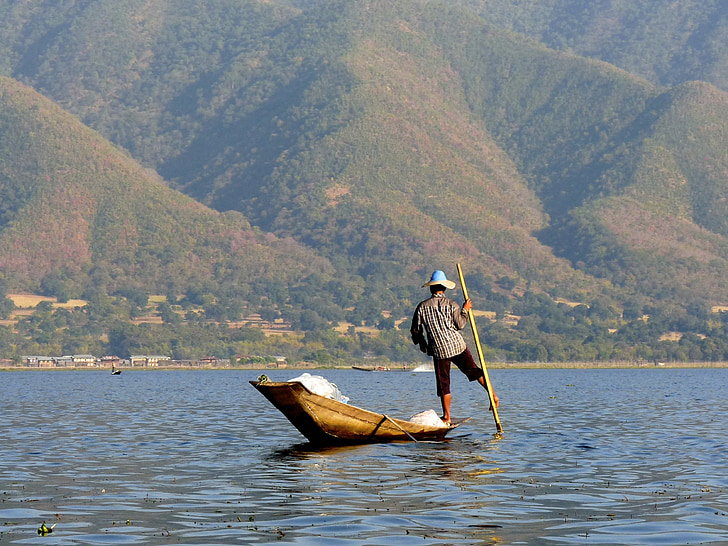 pêcheur, lac Inle, Birmanie, pêche, NET, Paddle, traditionnel