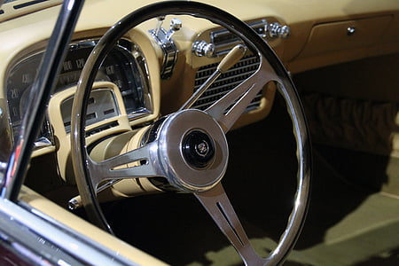 interior del coche, rueda de manejo, tablero de instrumentos, Vintage, Museo automotor de Petersen, Los Ángeles, California