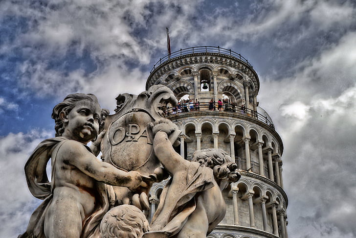 Pisa, tieksme tornis, Toskāna, Itālija, arhitektūra, statuja, slavena vieta