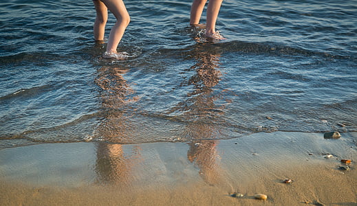 kıyı, yürüyüş, çocuklar, yansıma, kum, su, plaj