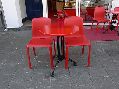 red chair, bistro, red, table, chair, street, outdoor