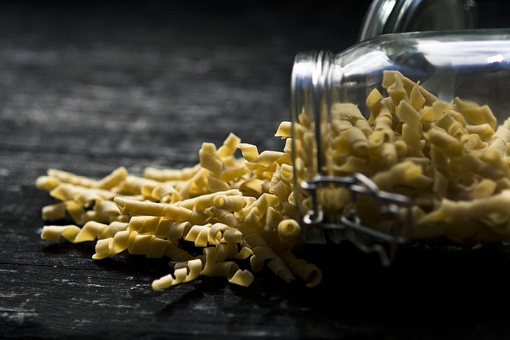close-up, glass, jar, noodles, pasta, spiral, swirl