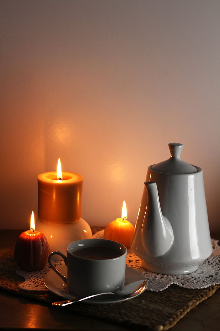 candles, tea, coffee, pot, cup, teatime, hygge