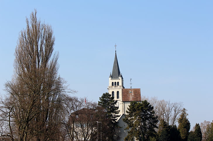 church, steeple, schlossberg, landscape, romanshorn, switzerland