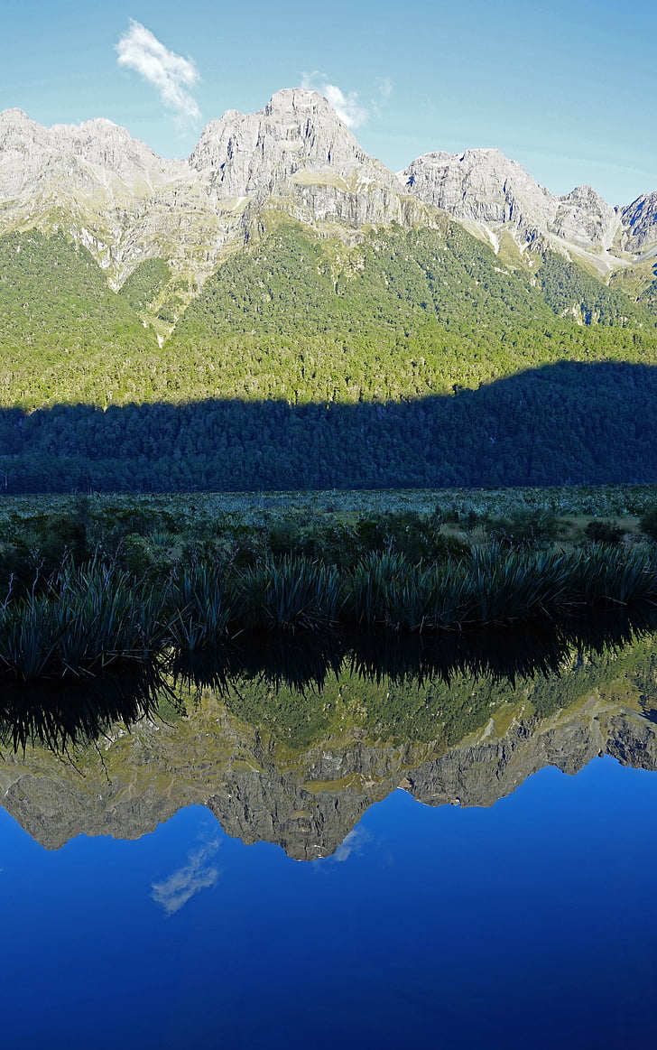 lake, mirroring, mountains, new zealand, mirror, blue, mood