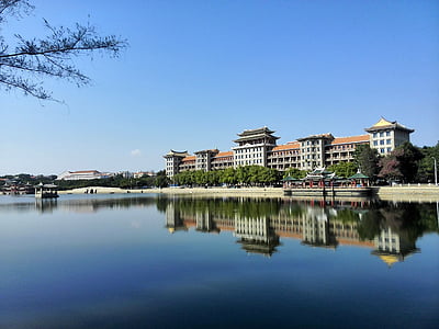reflection, xiamen, housing design, calm lake, european design, city, village