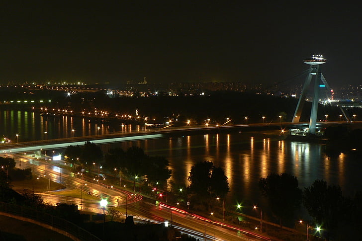 Slovakia, Bratislava, natt, Bridge, elven, Donau, lys