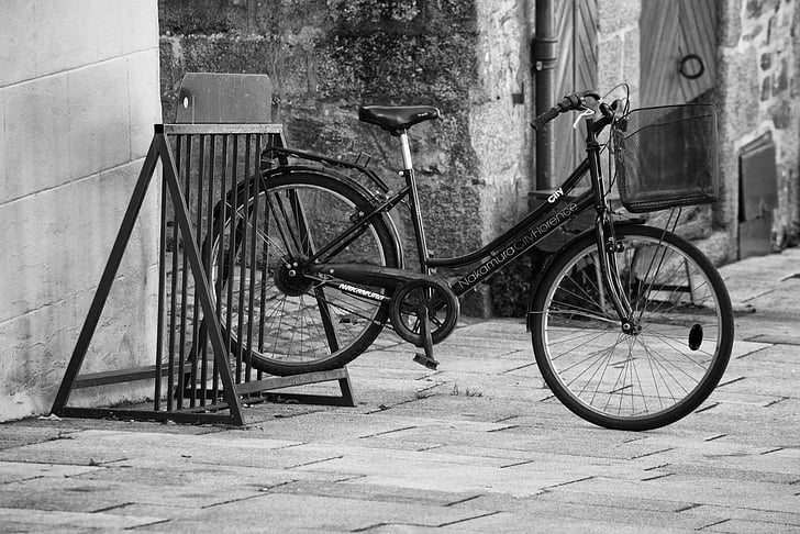 fiets, twee wielen, fiets, zwart-wit, stad, vervoer, Fietsen