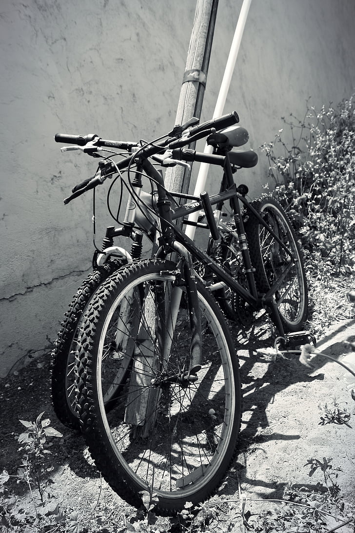 vélos, pôle, ruelle, roue, ombres, mur, rue