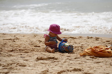 child playing, beach, bucket, sand, kids, playing, play