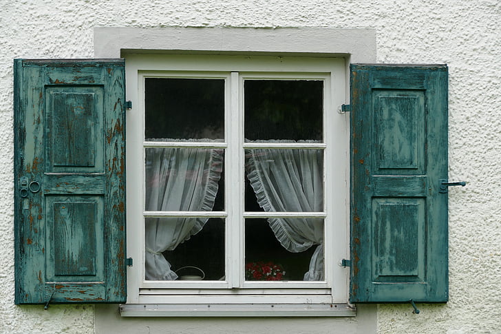 finestra, obturador, fusta, verd, blau turquesa, vell, mobles
