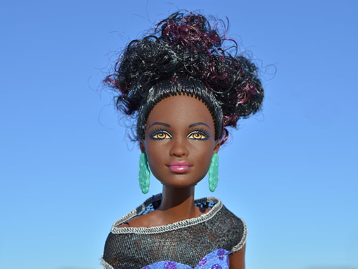 svart, African-American, afrikanske, dukke, Barbie, ansikt, stående